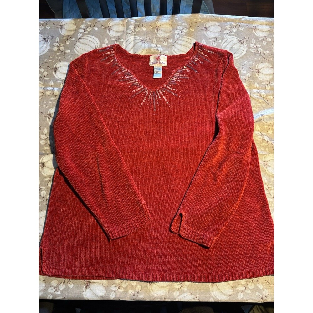 Quacker Factory Women's Red Sweater With Beading And Sequins XL Dressy Valentine
